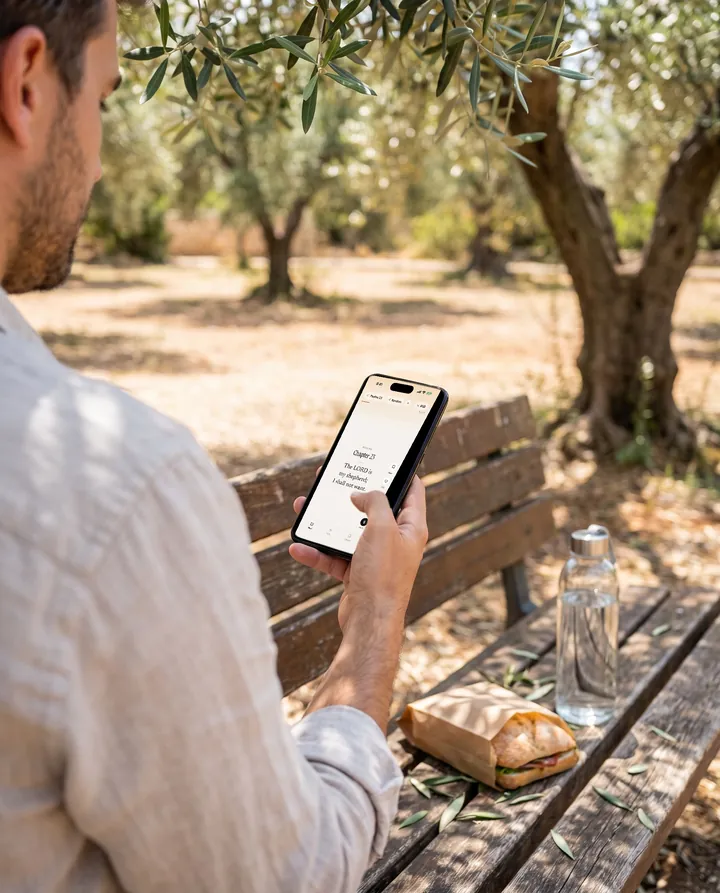 A man on a bench under olive trees reading Psalm 23 on his iPhone.