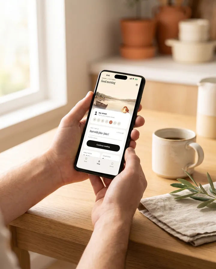 Hands holding an iPhone over a kitchen table with coffee, the Today screen open.
