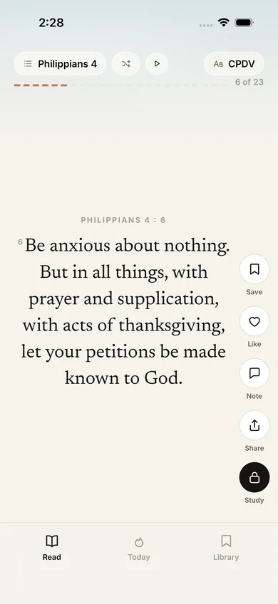 Reading screen with Philippians 4:6.