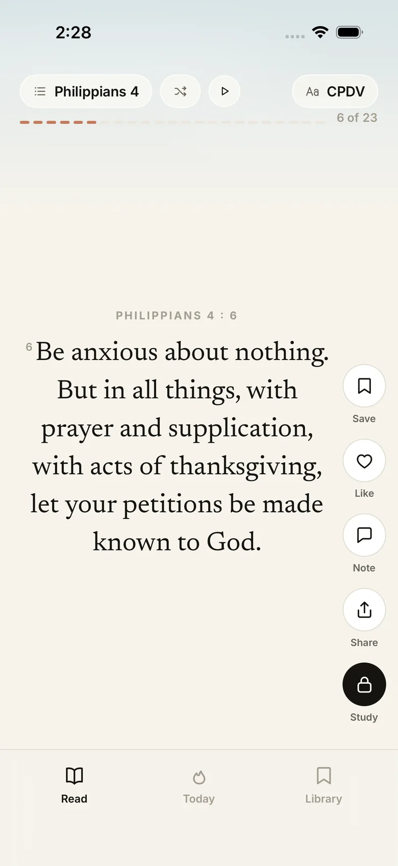Sacred Feed reading screen: Philippians 4:6 set in large serif type with Save, Like, Note, Share and Study buttons on the right.