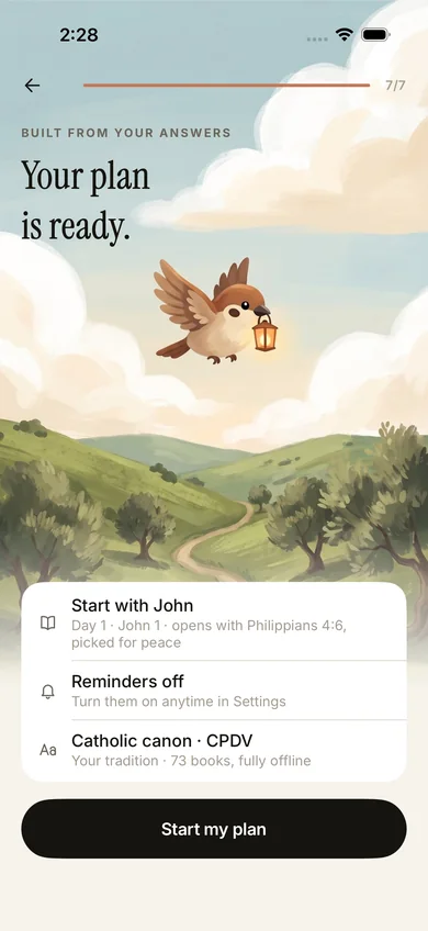 Your plan is ready: Start with John, a morning reminder and the Catholic canon in CPDV, with Pip flying in with a lantern.