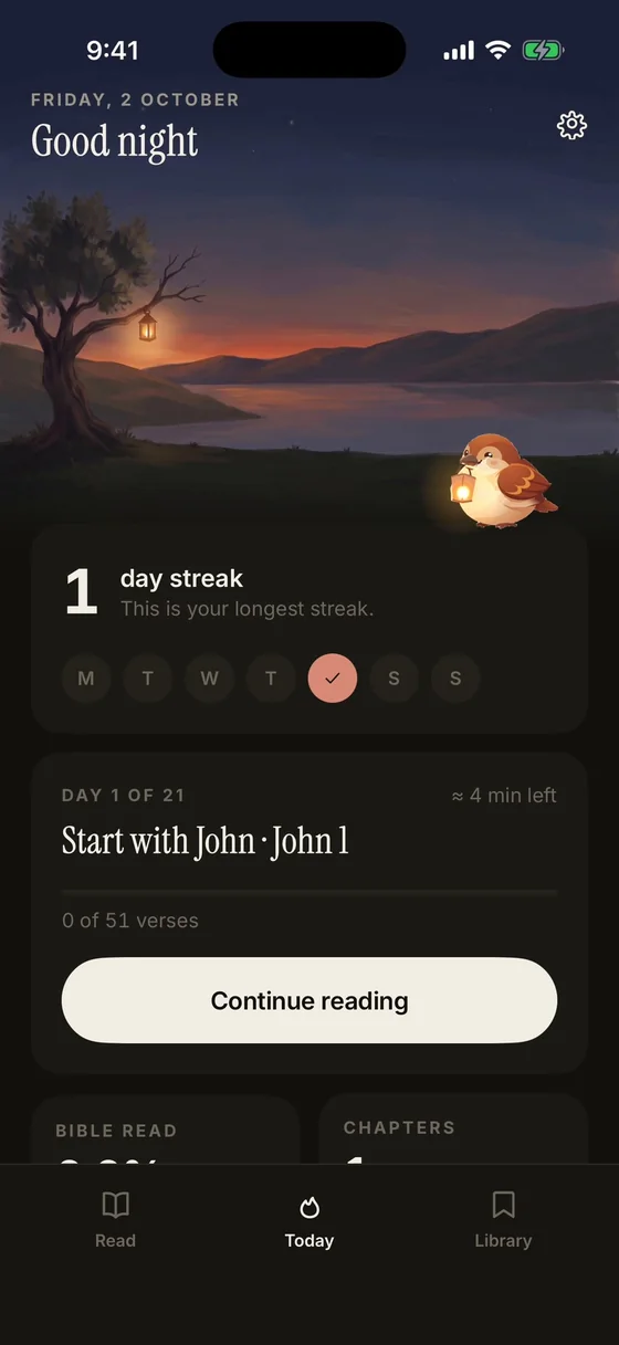 Today screen at night in dark mode.